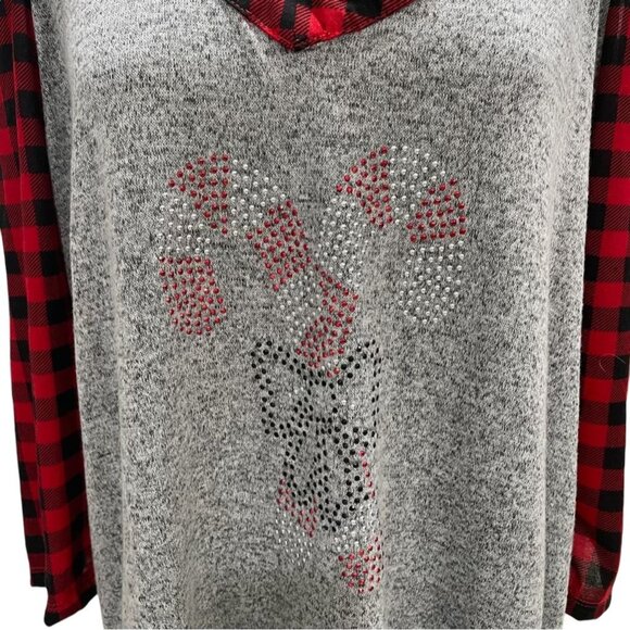 Christmas Top 1X Plaid Sleeves Cold Shoulder Candy Cane Festive Holiday Winter - Picture 4 of 9